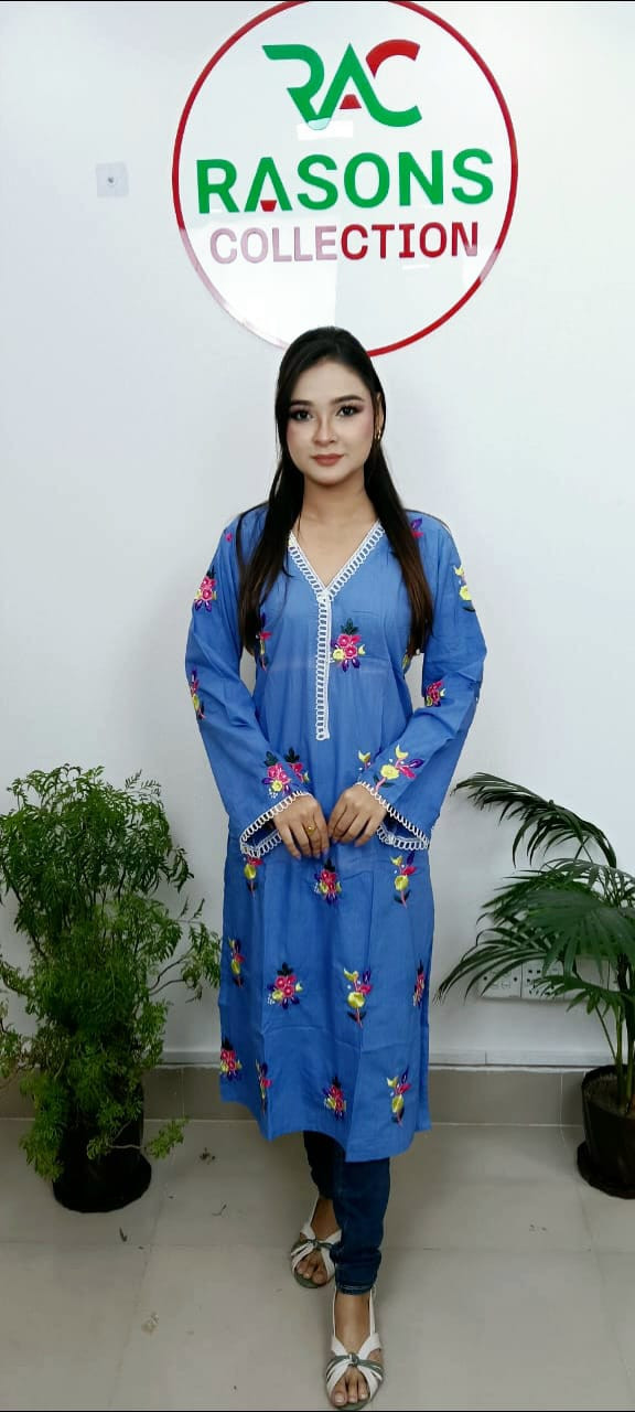 Elevate your summer wardrobe with this Sky Blue Cotton Kurti, designed for ultimate comfort and effortless style..jpg
